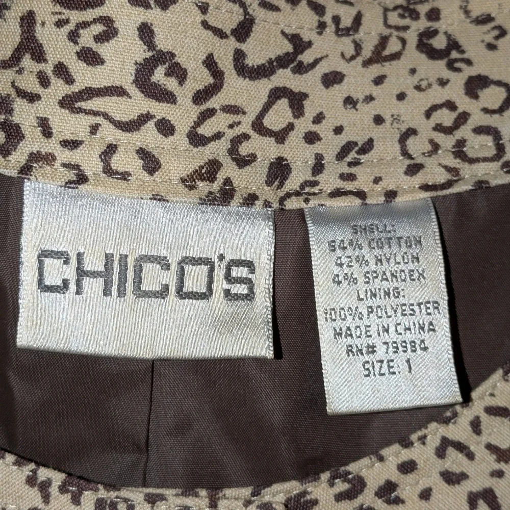 Chicos Animal Print Button Front Jacket Mixed Tiger Leopard Tan Brown Size M (1)